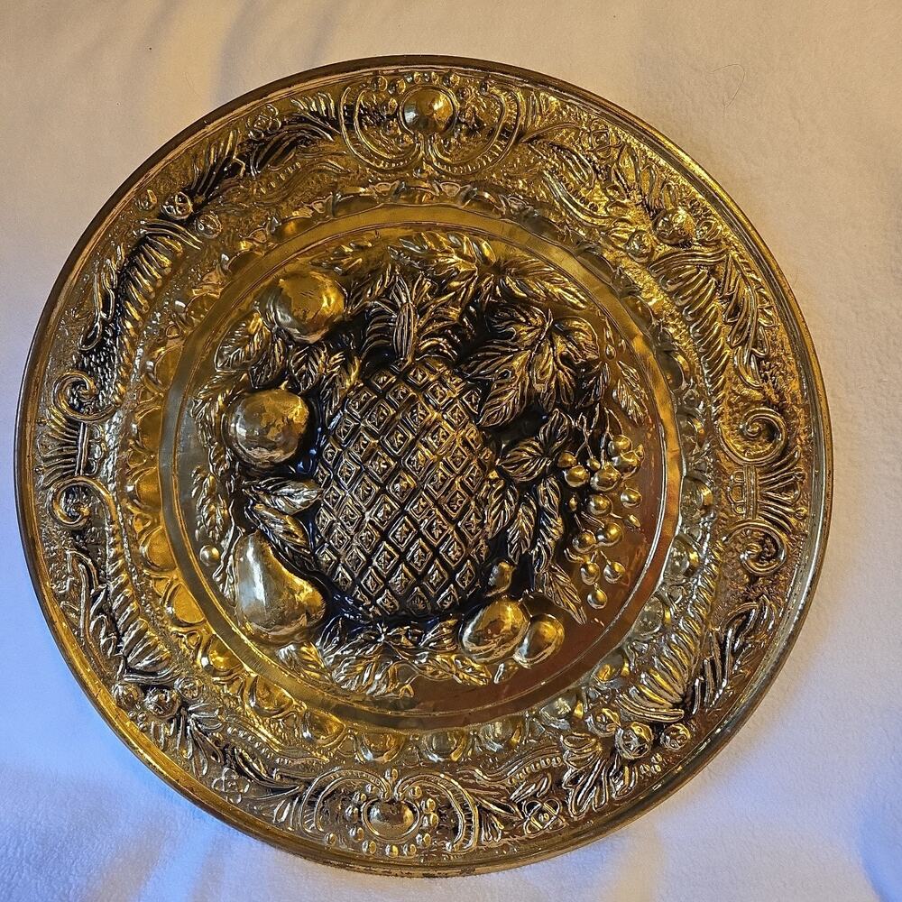 VINTAGE EMBOSSED METAL WALL HANGING PLATE ENGLAND FRUITS PINEAPPLE 14"